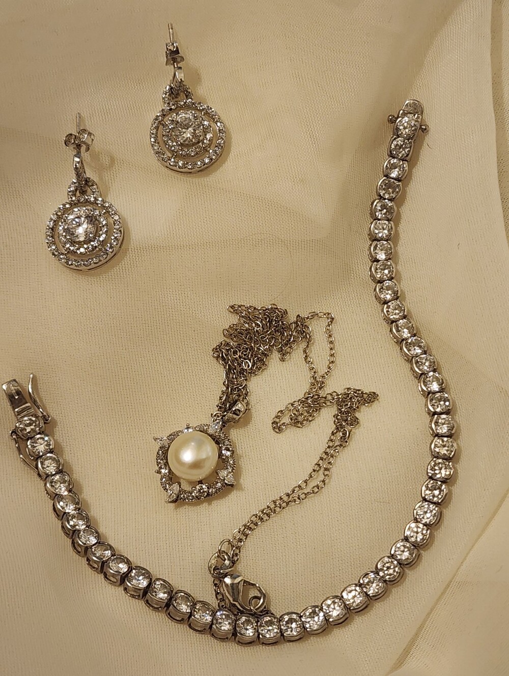 Vtg Sterling Silver 925 & C. Zirconia/Crystal Bracelet, Earring, Necklace Set